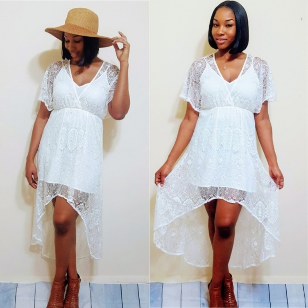 White lace high-low v neck dress